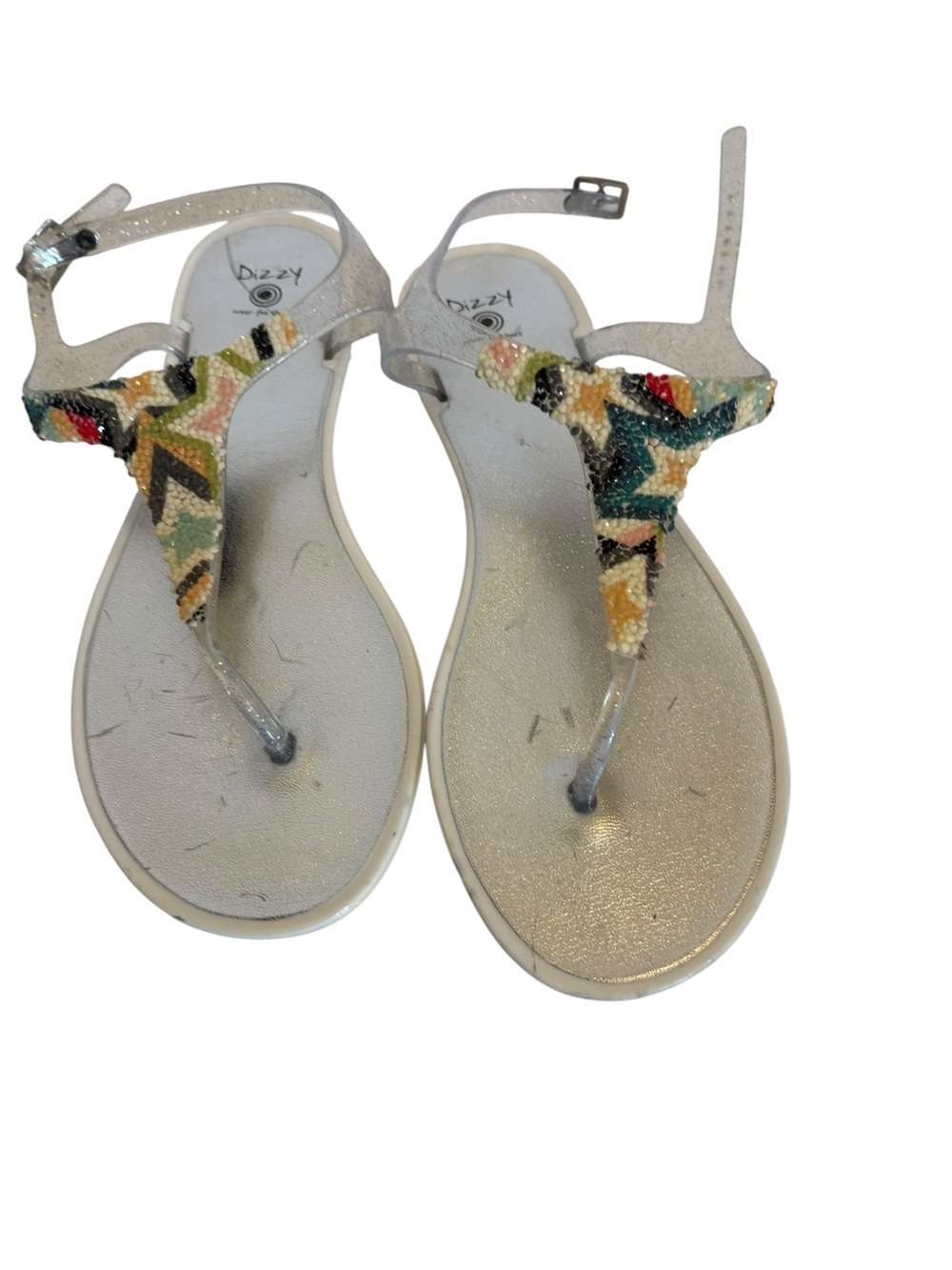 Dizzy Silver Sandal with Multicolor Beaded Chevron Accent